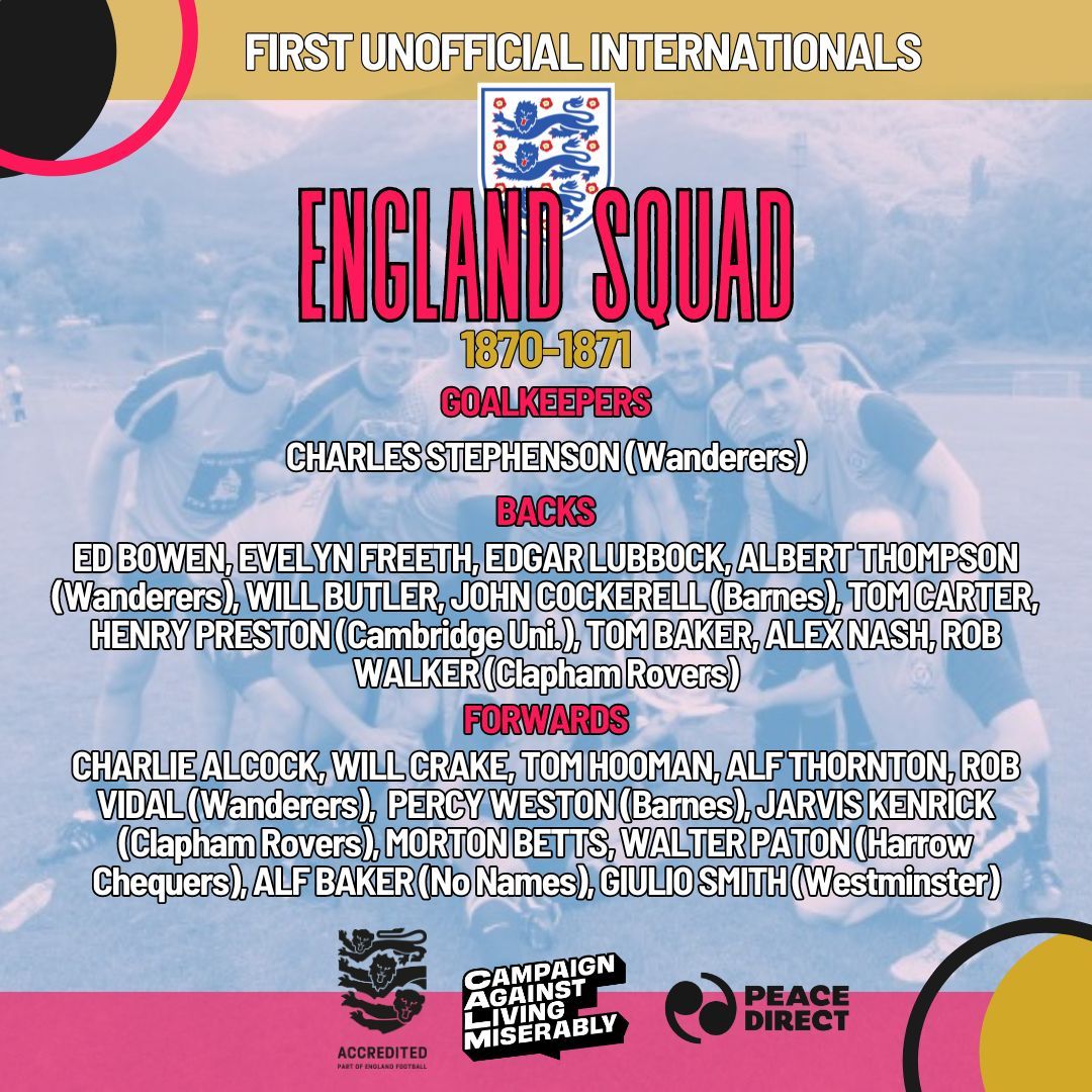 Now that the @england squad for #Euro2024 is out has been released, take a look at the first (unofficial) #ThreeLions squad from the 1870-71 season. @barnesfootball @cuafc @claphamrovers @wschool @englandfootball @thecalmzone @peacedirect #WFC #Wanderers #TheWorldsClub #Dulwich