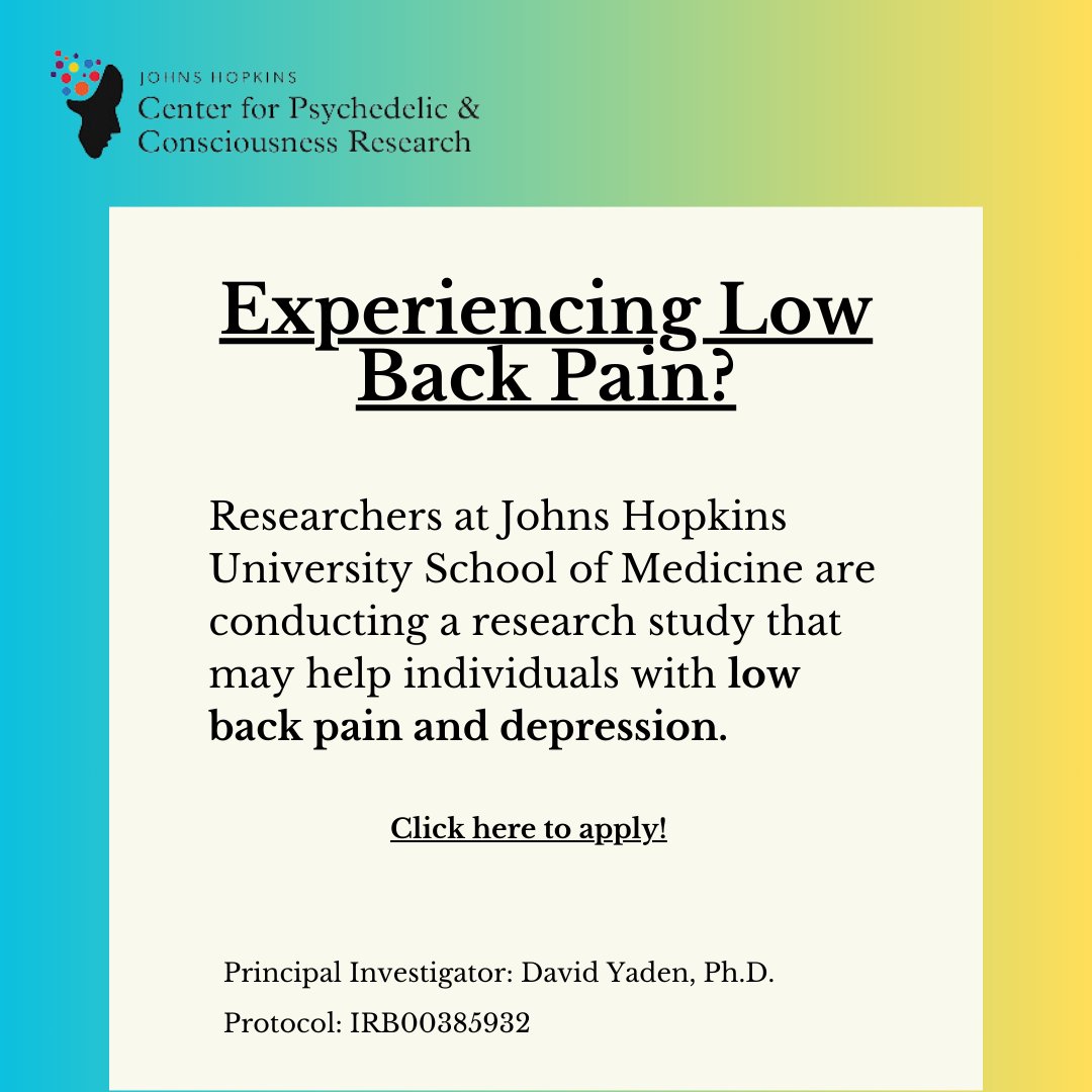 We are seeking individuals with chronic low back pain and co-occurring depression to participate in a research study. The study will investigate the psychological effects of psilocybin, including whether or not it can help with chronic low back pain and co-occurring depression.