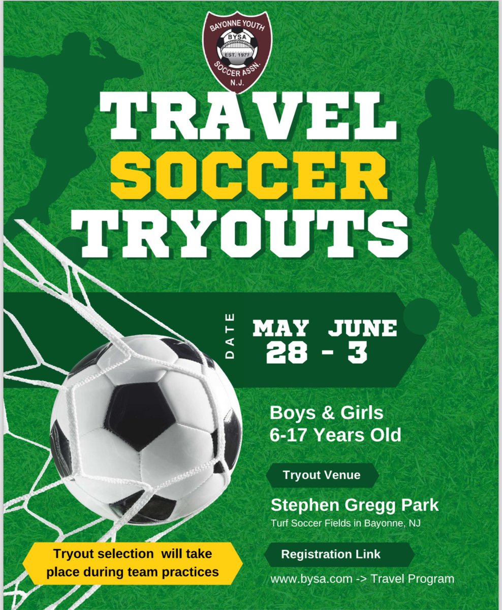 📢 Are you ready to take your soccer skills to the next level? Check out BYSA Soccer Travel Tryouts for girl and boy players aged 6-17! ⚽️ WHEN: Week of 5/28-6/3 ⚽️ WHERE: Turf soccer fields @ Stephen Gregg Hudson County Park Registration: bysa.com/Default.aspx?t…