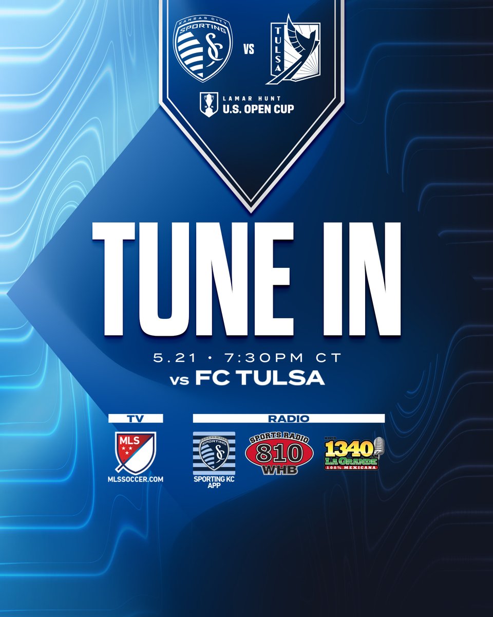 SportingKC's tweet photo. Catch all of tonight's @OpenCup action ⬇️ 

🖥️ Free Livestream: https://t.co/z7eBF40S8R
📲 Listen on the #SportingKC app
🎧 ENG: @SportsRadio810 
🎧 ESP: @lagrande1340 

#SKCvTUL | #USOC2024 https://t.co/sOUGrz8ls7