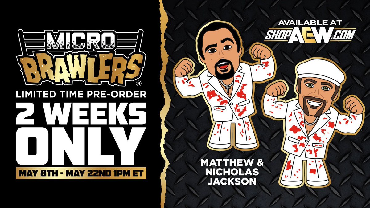 REMINDER! The deadline to pre-order Matthew & Nicholas Jackson’s Micro Brawlers is 1pm ET TOMORROW at ShopAEW.com! Don’t miss out! @youngbucks

shopaew.com/catalog/produc…

#shopaew #aew #aewdynamite #aewrampage #aewcollision