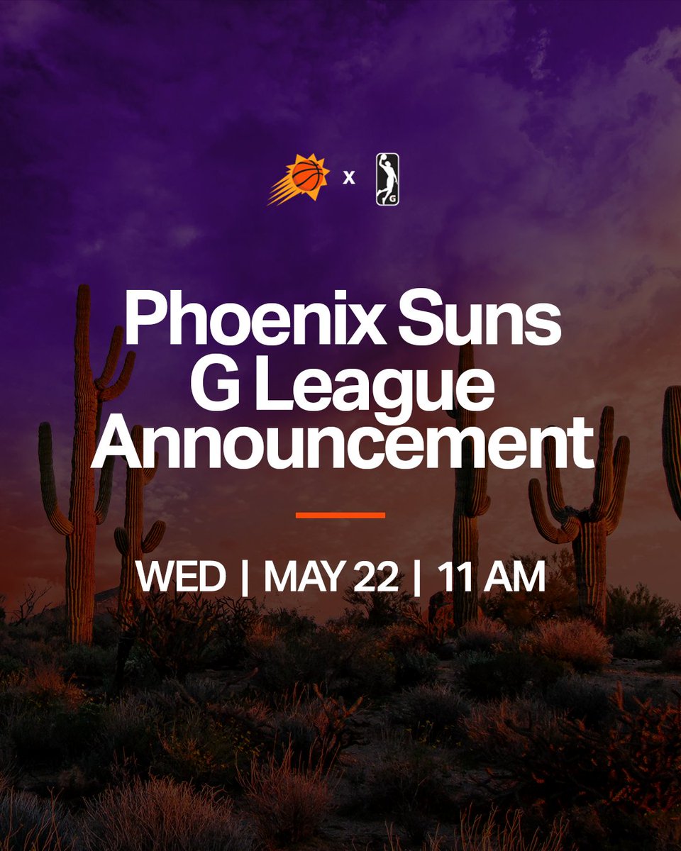 Tune-in tomorrow for an announcement regarding the Phoenix Suns @nbagleague affiliate 👀 📅 5.22 🕚 11AM 📺 Phoenix Suns Youtube: bit.ly/44PsWkc