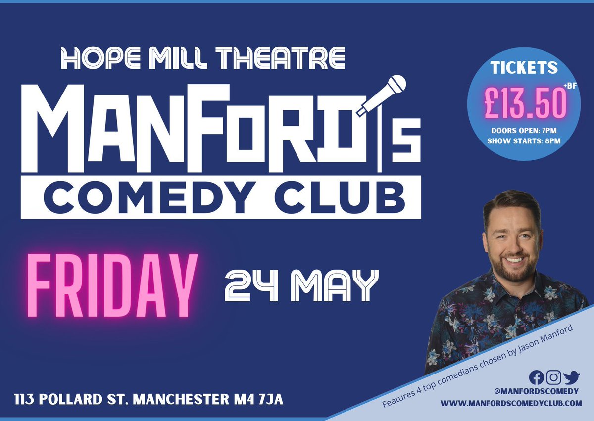 This Friday Manford’s Comedy Club returns to Hope Mill Theatre! Join us for a night of incredible comedians, chosen by Jason Manford🎤 🎟️hopemilltheatre.co.uk/event/manfords…