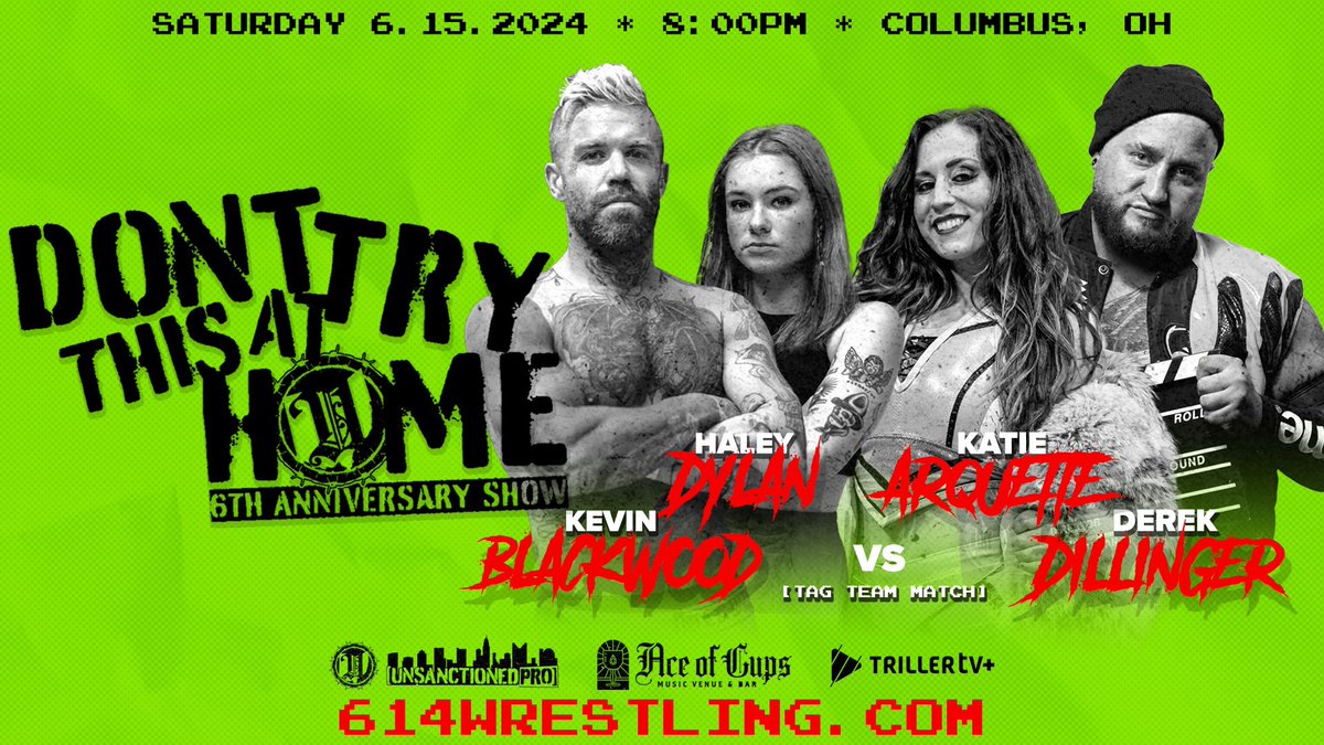 🚨#UPAnniversary🚨 *Tag Team Match* KEVIN BLACKWOOD & HALEY DYLAN vs DEREK DILLINGER & KATIE ARQUETTE Join us to celebrate 6 years of DIY pro wrestling, built #forColumbUS. Saturday 6/15 2619 N High St Doors 7:15PM *limited seats remain* 🎟️ 614WRESTLING.COM