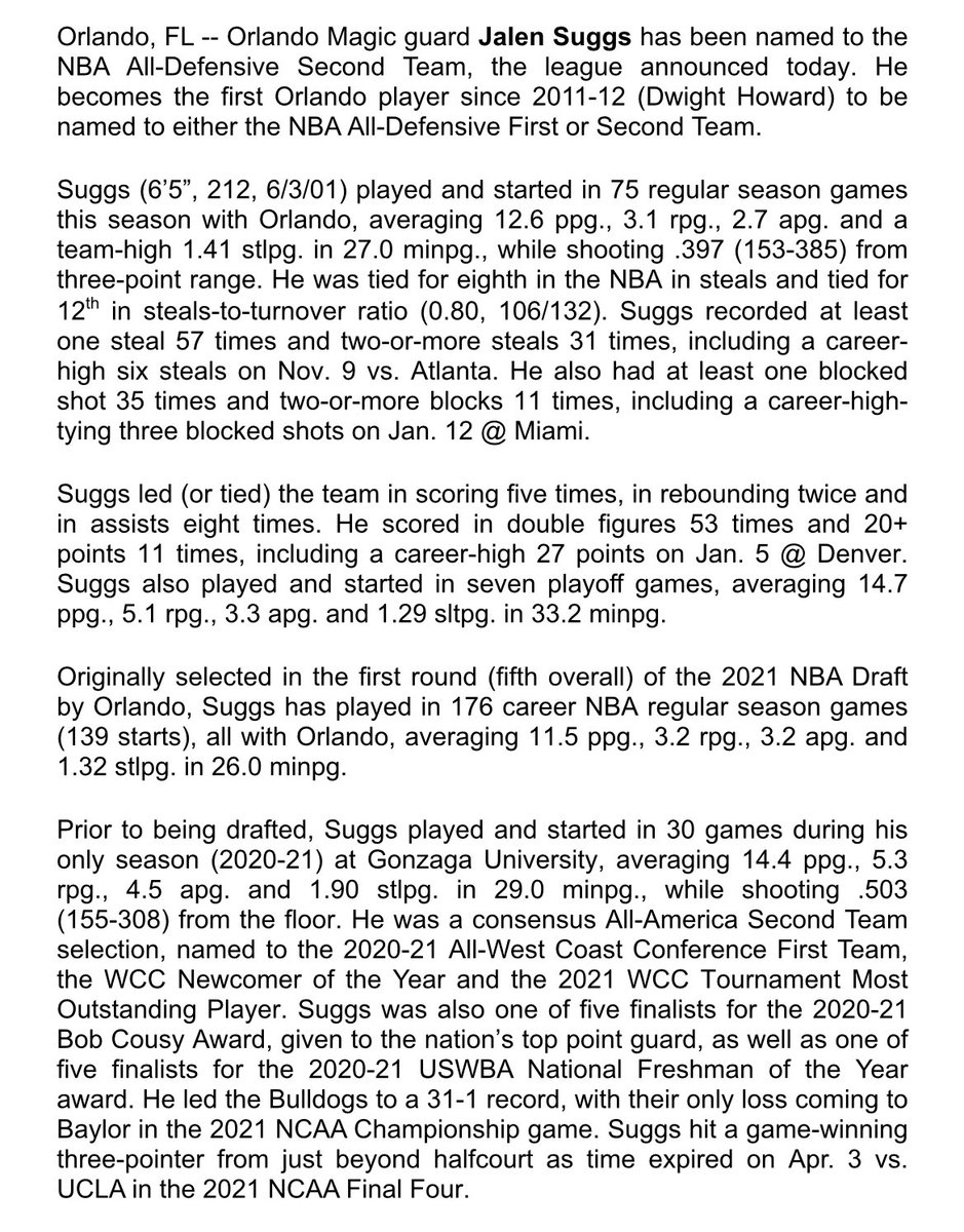 .@jalensuggs named #NBA All-Defensive Second Team 💫 Becomes the first @OrlandoMagic player since 2011-12 (Howard) to be named to either the NBA All-Defensive First or Second Team #MagicTogether