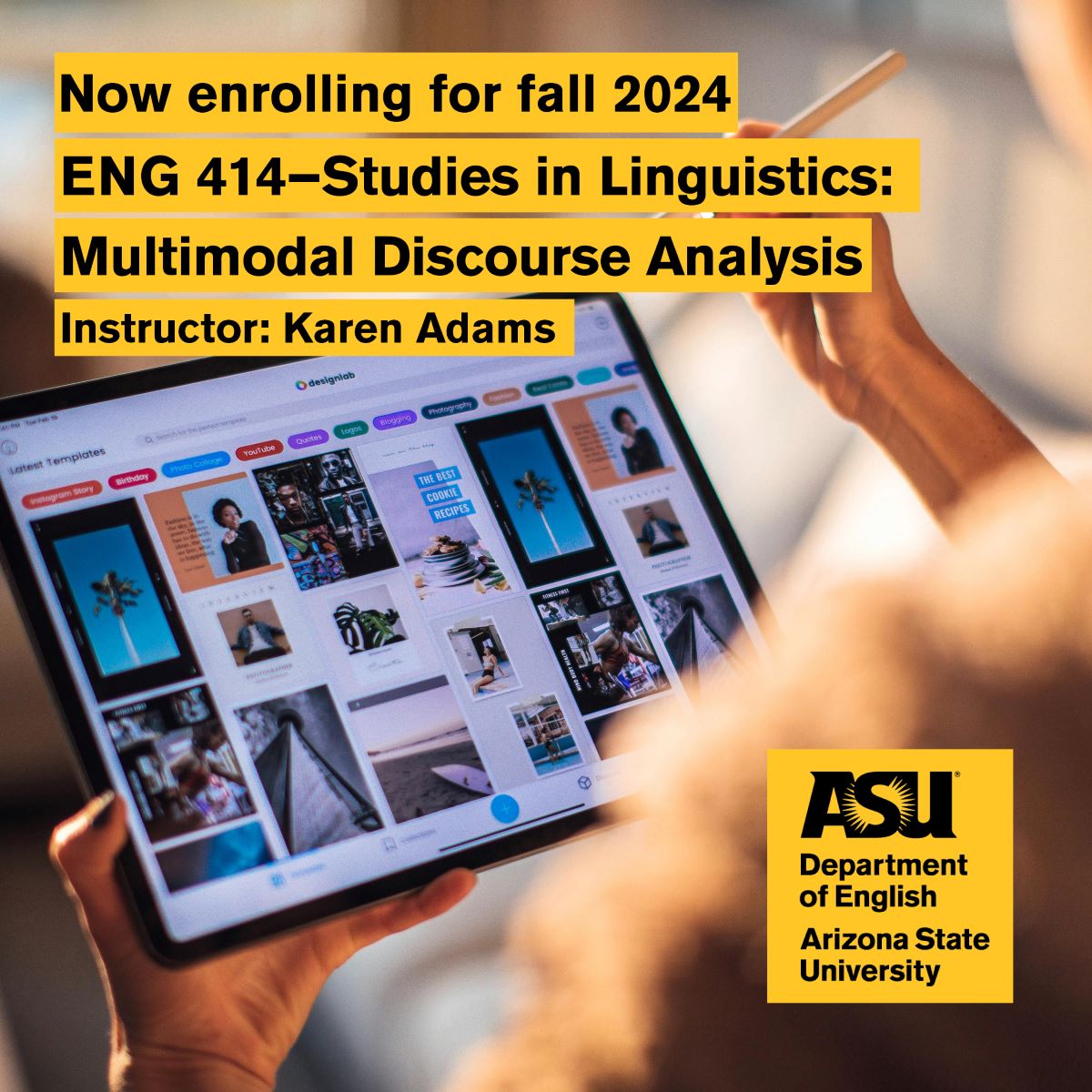 ASU English Dept. (@asuenglish) on Twitter photo Unlock 🔓🔑 communication secrets in <a href="/ASU/">Arizona State University</a>'s fall '24 <a href="/ASULinguists/">ASU LAL/TESOL</a> course—ENG 414: Multimodal Discourse Analysis. Learn how words, gestures, color & images create meaning in digital spaces, the classroom, fashion, gaming & more. Register: ow.ly/YXOg50ROfWR #ASUHumanities Unlock 🔓🔑 communication secrets in <a href="/ASU/">Arizona State University</a>'s fall '24 <a href="/ASULinguists/">ASU LAL/TESOL</a> course—ENG 414: Multimodal Discourse Analysis. Learn how words, gestures, color & images create meaning in digital spaces, the classroom, fashion, gaming & more. Register: ow.ly/YXOg50ROfWR #ASUHumanities