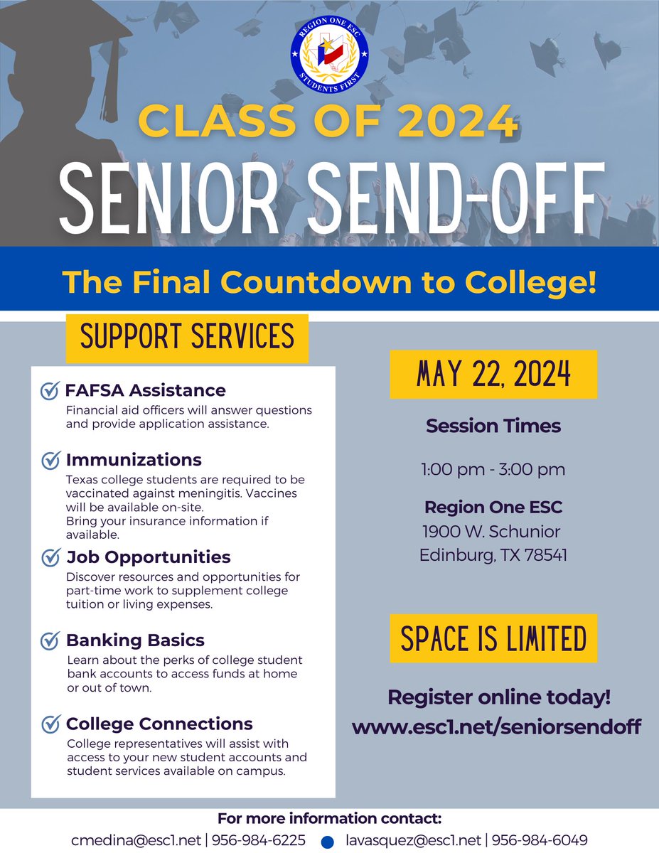 The countdown to college begins. Region One seniors and their families are invited to join us for #FAFSA assistance, immunizations, job opportunities and more. 📅 May 22, 2024 📍 Region One Conf. Center | 1900 W. Schunior ✅ Secure your spot at esc1.net/seniorsendoff.