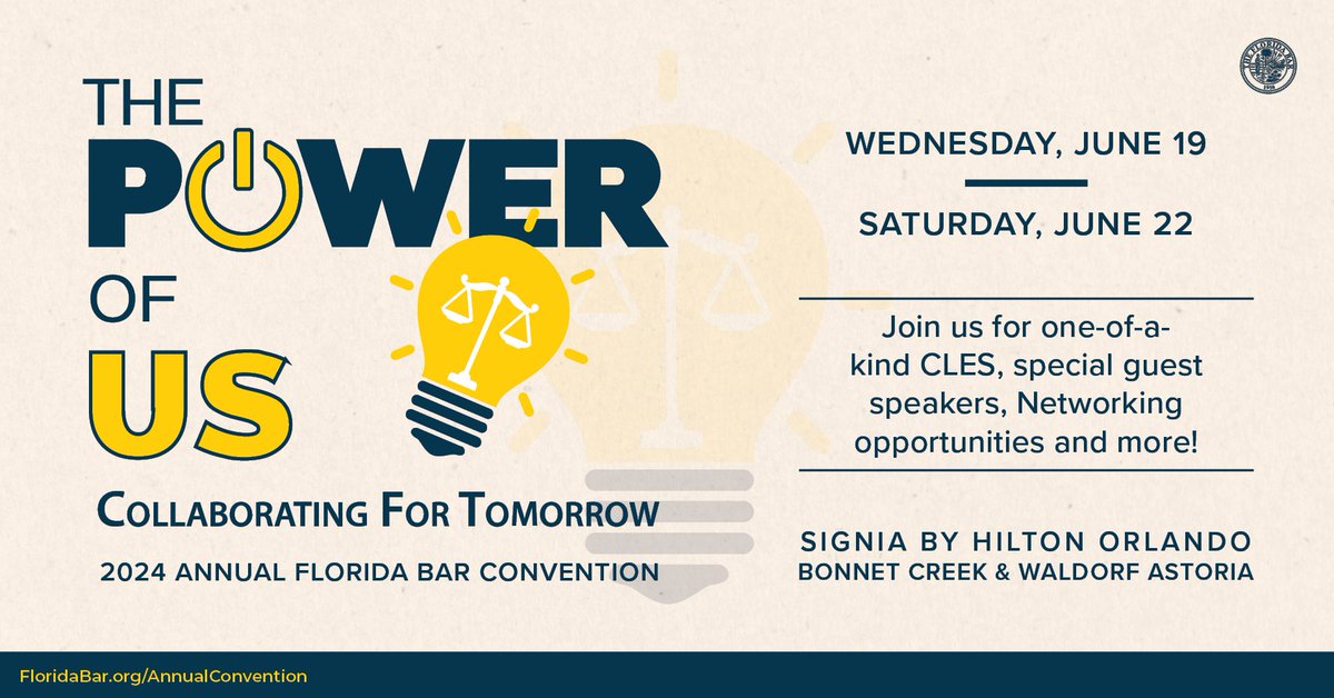 Themed 'The Power of US: Collaborating For Tomorrow,' the convention's events are designed to empower members and foster collective growth. Regular events like the Judicial Luncheon and the Annual Technology Symposium will be joined by new opportunities. floridabar.org/the-florida-ba…