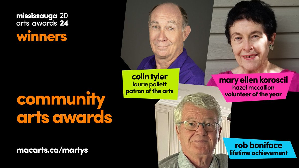 Congratulations to our 2024 MARTY Community Arts Award Winners! 🎉 ✨ Colin Tyler of @CenturyAV, Laurie Pallett Patron of the Arts ✨ Mary Ellen Koroscil, Hazel McCallion Volunteer of the Year ✨ Rob Boniface, Lifetime Achievement 🔗 View all finalists: macarts.ca/martys