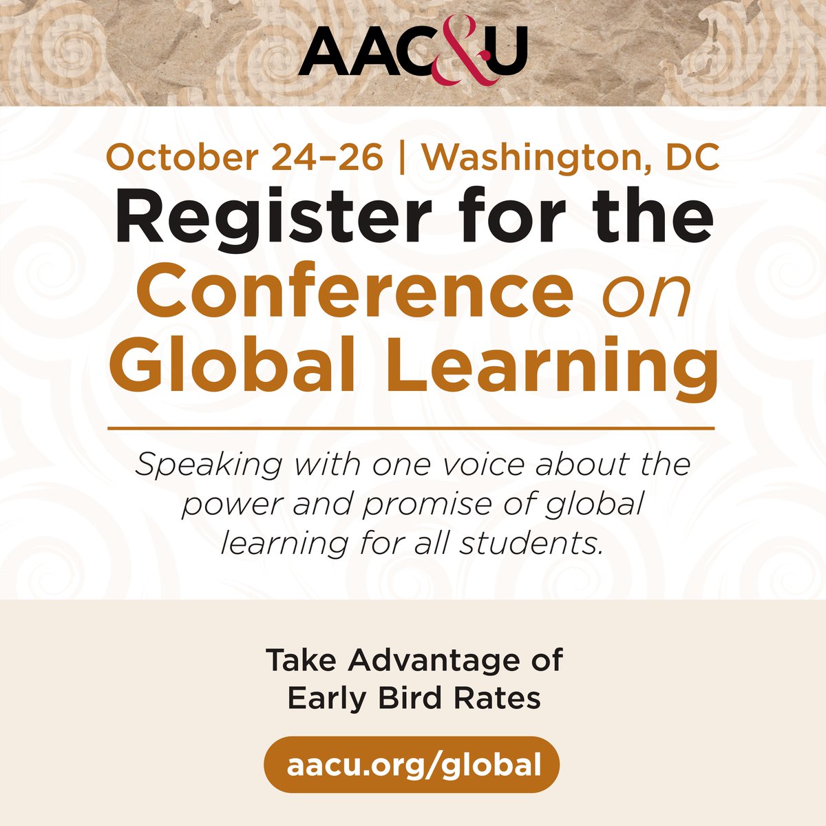 Register for the AAC&U Conference on Global Learning and take advantage of early bird rates! #AACUGlobal is the premier event showcasing global learning activities, programs, and strategies educators use to prepare students for an interconnected world. aacu.org/global