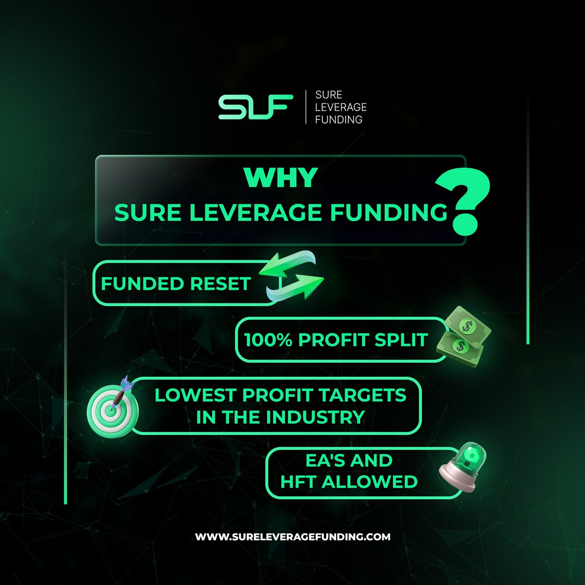 Experience the Power of Leverage Funding with Guaranteed Profit Splits, Industry-Low Targets, and EA's & HFT Welcome!
.
Learn more at sureleveragefunding.com