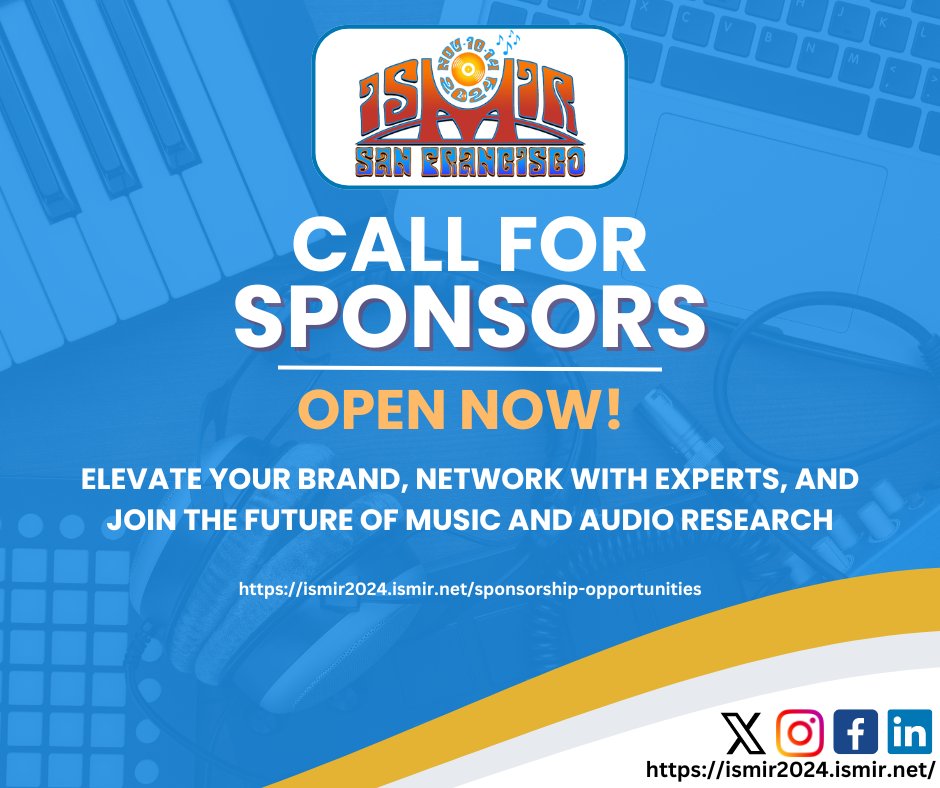 📢ISMIR 2024’s Call for Sponsors! 📢
Elevate your brand, network with experts, join the future of music &amp; audio research. Join Adobe, Audible Magic, Cochl, Deezer, Dolby, Music.AI, Pro Sound Effects, Steinberg,Yamaha in support. Visit: ismir2024.ismir.net/sponsorship-op…