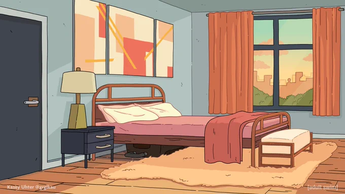 Allan's bedroom background that I designed and painted from Smiling Friends s2 episode 3!This was the FIRST location I designed for the show and I was SO nervous about it!Color design by  :) 