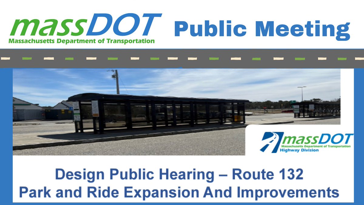 MassDOT's tweet image. On 5/28 at 6:00pm, #MassDOT will hold a virtual Design Public Hearing to present the design for the proposed Park and Ride Expansion and Improvements at The Route 132 Park and Ride project in #Barnstable. 

ℹ️ mass.gov/event/barnstab…