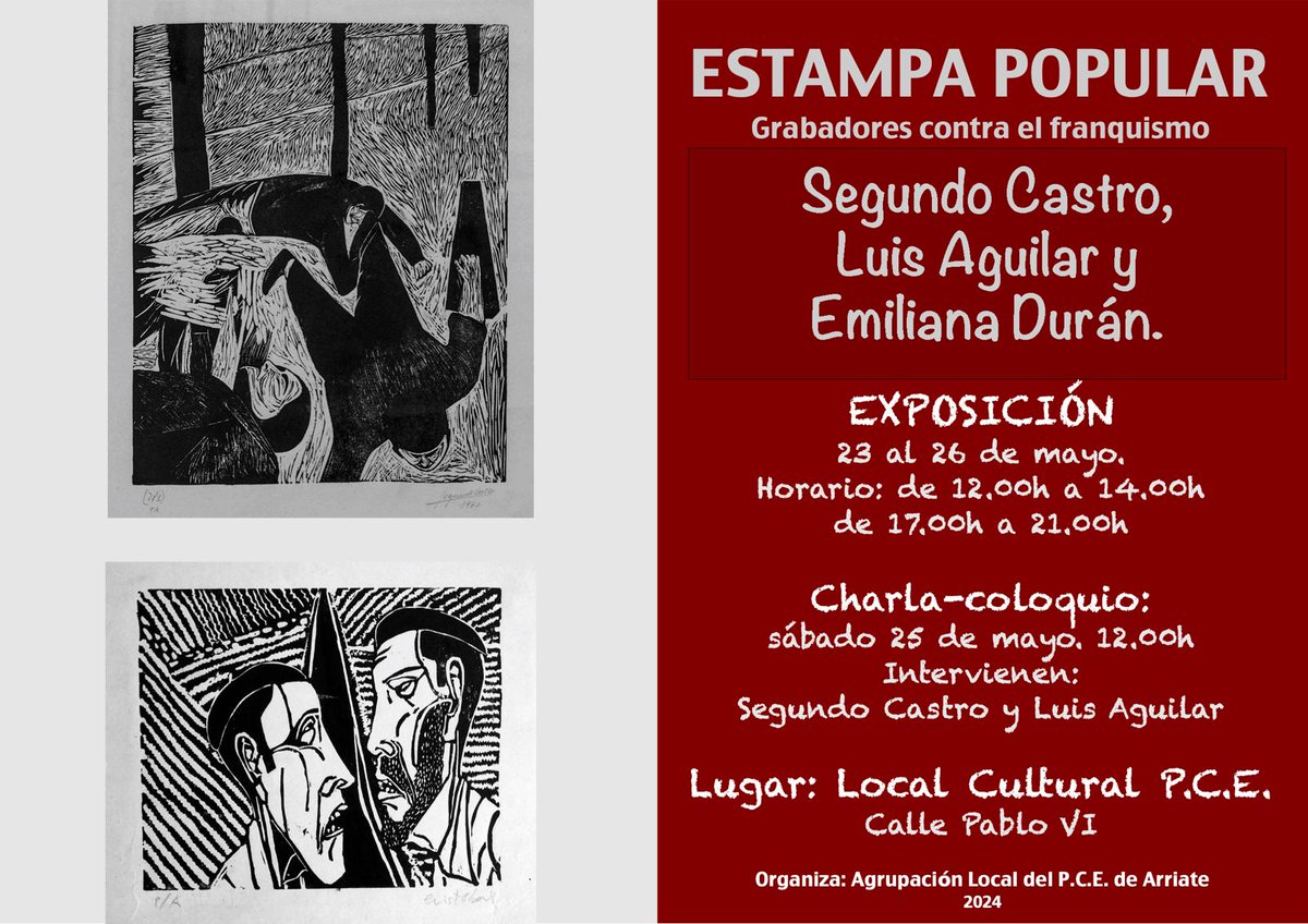 Estampa Popular realizó una labor cultural enorme en la lucha antifranquista a través de sus grabados. Del 23 al 26 podrás conocerla en la exposición de la #SemanaCultural de #Arriate y con la charla del día 25 con Segundo Castro, Luis Aguilar y Mili Durán. No te lo pierdas!