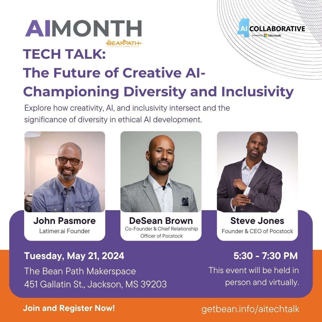 Join us for a panel discussion with key leaders in AI diversity. Explore how creativity, AI, and inclusivity intersect and the significance of diversity in ethical AI development.

To register, visit getbean.info/aitechtalk.