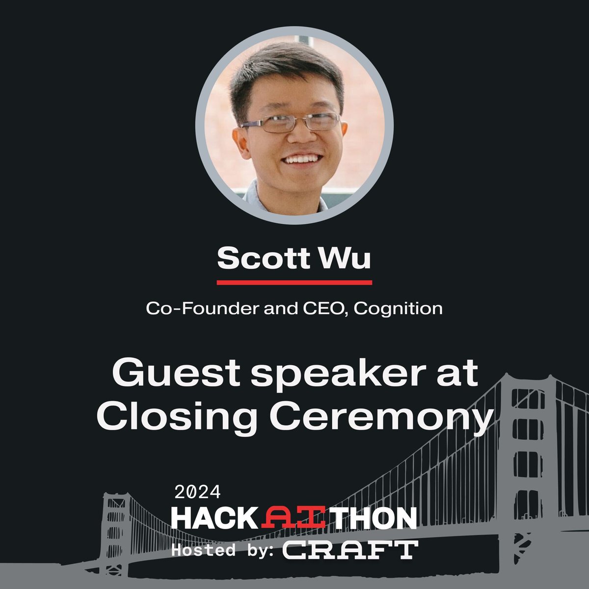 🥁 drumroll, please...🥁 we're excited to announce a special guest speaker at the HackAIthon Closing Ceremony... @ScottWu46 of @cognition_labs! Between naming a grand prize winner, announcing $20K in cash prizes (and even more in credits!), plus Scott joining us, this closing