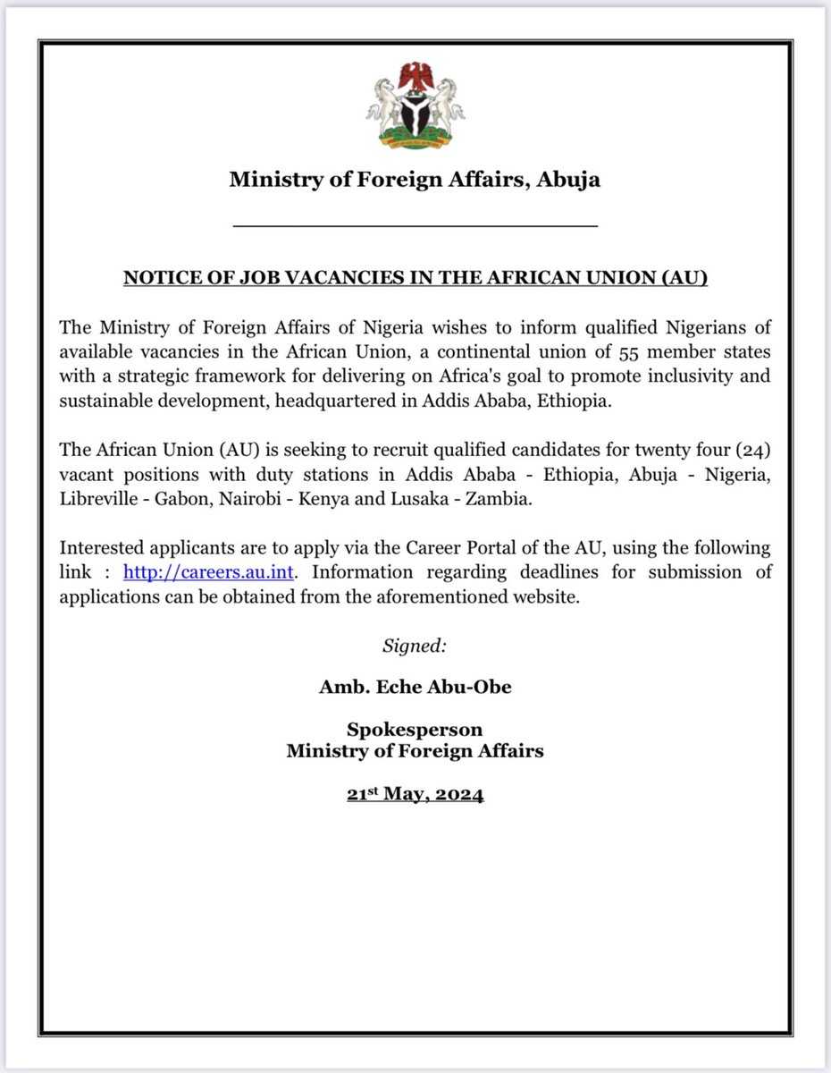 NOTICE OF JOB VACANCIES IN THE AFRICAN UNION (AU) careers.au.int (careers.au.int)