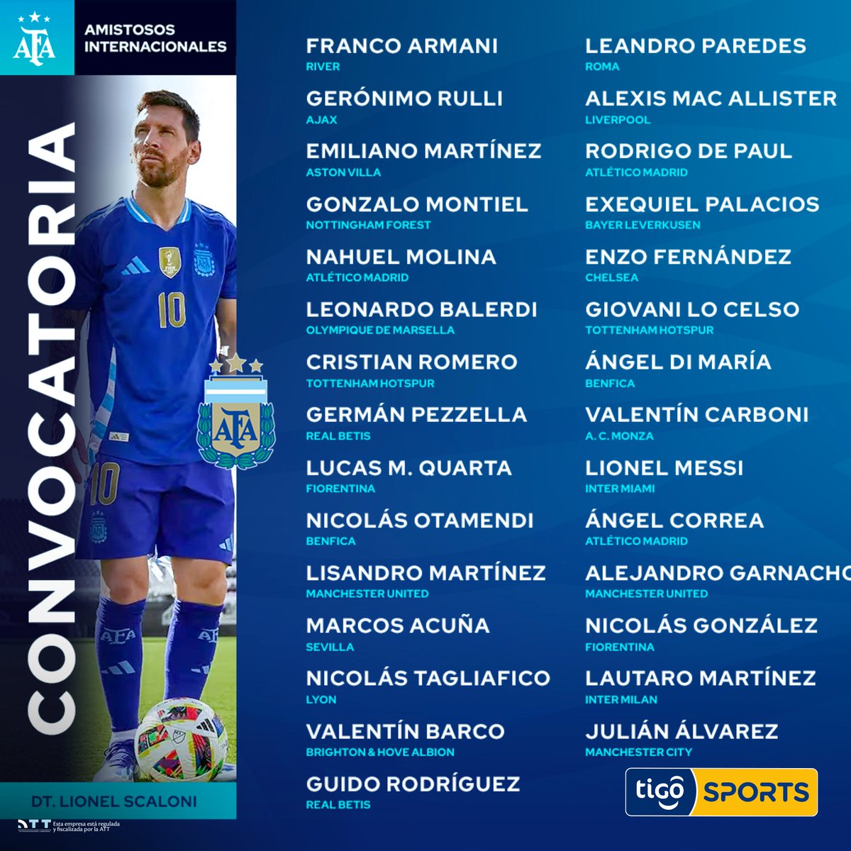TigoSportsBol's tweet photo. CONVOCATORIA ARGENTINA 🇦🇷✅
👉🏻 Argentina 🇦🇷 dio a conocer la lista de convocados 📋 para encarar los amistosos frente a Ecuador y Guatemala de cara al arranque de la Copa América 🏆. 

#TigoSportsNoticias #TSNBO #TSNPrensa https://t.co/O4cPvqePWC