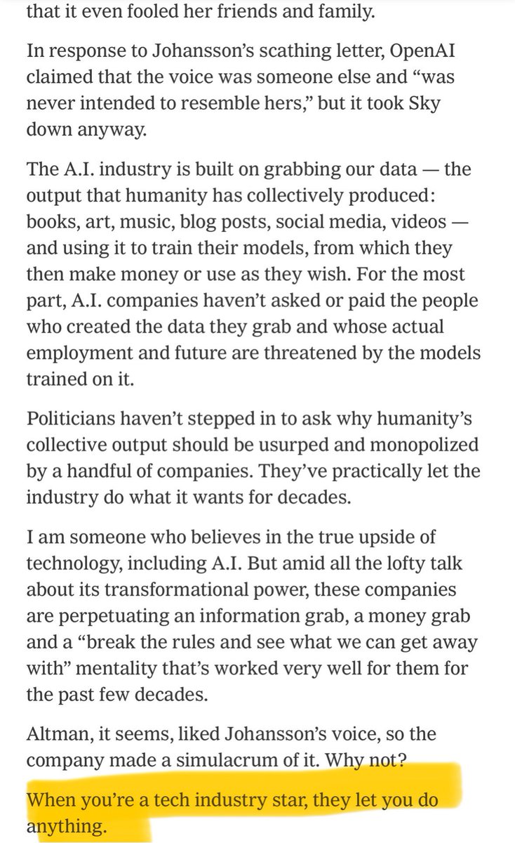 So OpenAI just grabbed a voice they liked — that’s all there is to it, it seems. Am I the only one who thinks we’ve seen this “don’t wait, just grab them, they let you do anything when you have power/money/stardom” mindset towards women elsewhere, too? nytimes.com/live/2024/05/2…