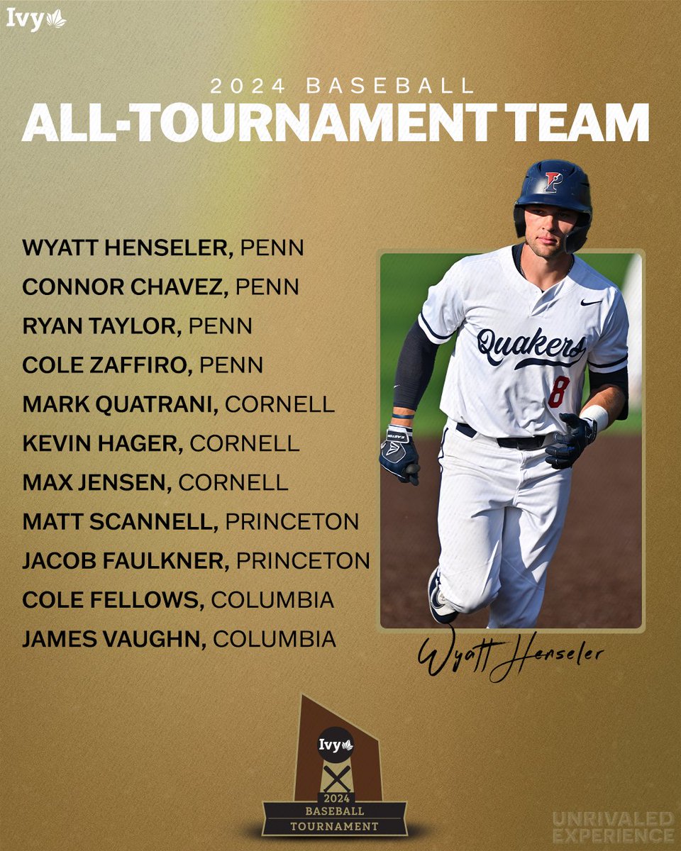 ALL TOURNAMENT. After strong performances at the Ivy League Baseball Tournament, 11 student-athletes were named to the All-Tournament Team. @PennBaseball's Wyatt Henseler was the Most Outstanding Player after batting .375 and belting three home runs. 🌿⚾️