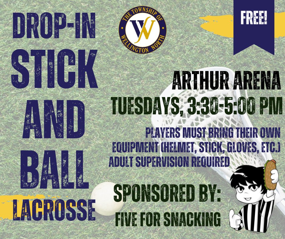 Looking to escape the humidity? Join us at the Arthur Arena for a FREE Stick and Ball (Lacrosse) drop-in from 3:30-5:00 PM today! Players must bring their own gear and wear a helmet. Full rules here: ow.ly/AmaG50RPwtL Thanks to Five For Snacking for sponsoring!