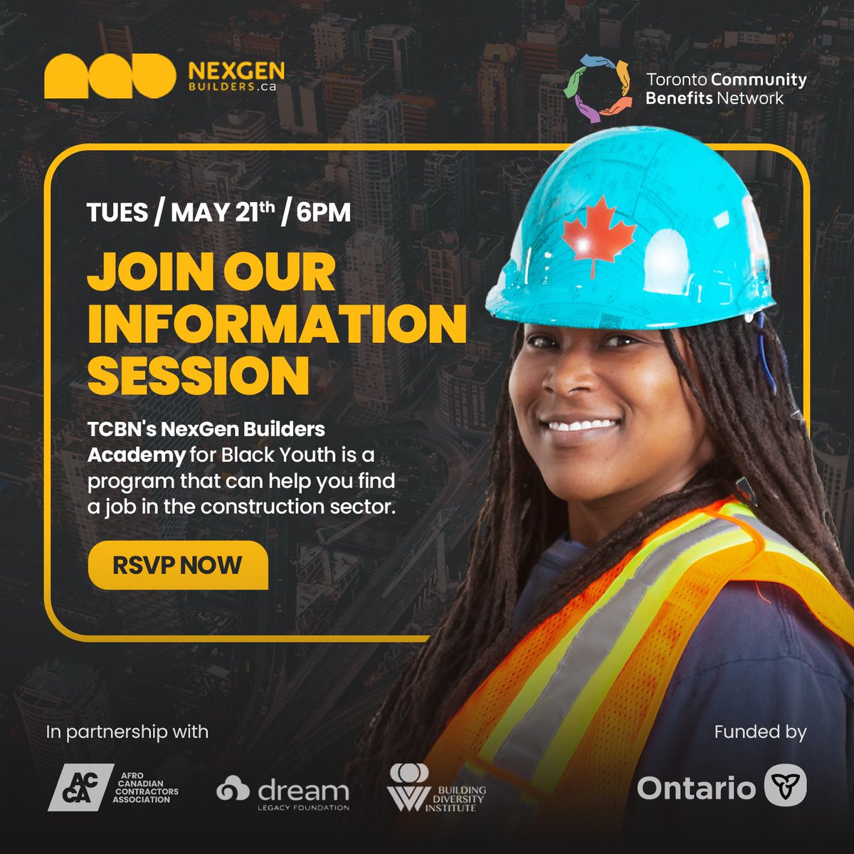 Join our info session to learn about TCBN’s Nexgen Builders Academy for Black Youth When: May 21 at 6 pm. In partnership with Afro Canadian Contractors Association and @DreamLegacyfdn To RSVP, please visit: nexgenbuilders.ca/academy_info_s… #communitybenefits #constructionindustry