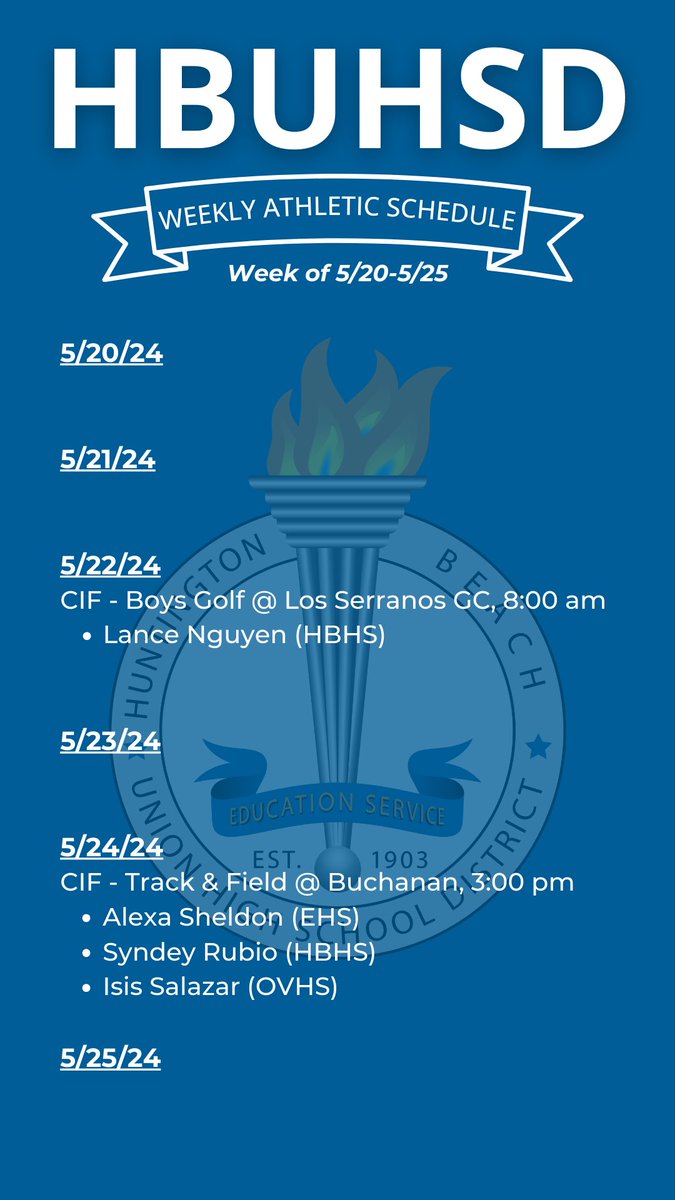 CIF Individuals this week! Come support our Edison, Huntington Beach, & Ocean View student-athletes!🤩 Game times and schedules are subject to change. For updates and changes in schedules, please visit the athletic pages on each school’s website!