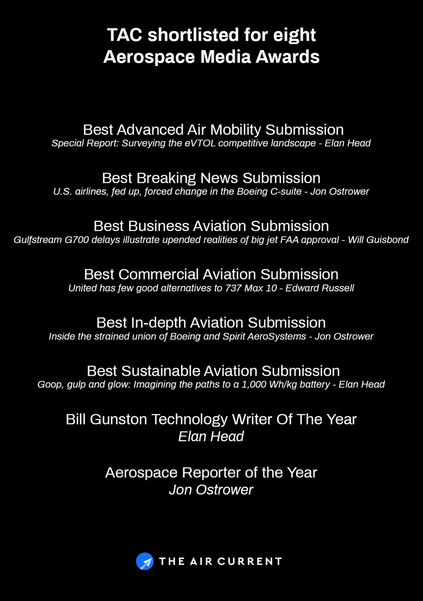 What wonderful news to wake up to today: @theaircurrent has been shortlisted for eight 2024 Aerospace Media Awards. Congratulations to @elanhead @willguisbond & @ByERussell! So unbelievably proud of this team. (Links to each piece in the thread)