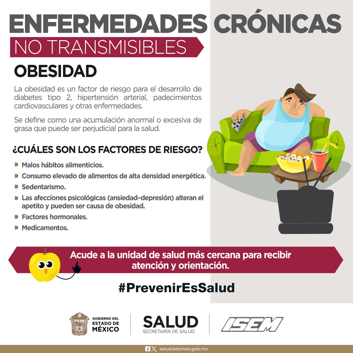 La #Obesidad aumenta el riesgo de contraer algunas otras enfermedades y padecimientos. Conoce los factores de riesgo, acude a la unidad de salud más cercana para recibir atención y orientación. #PrevenirEsSalud