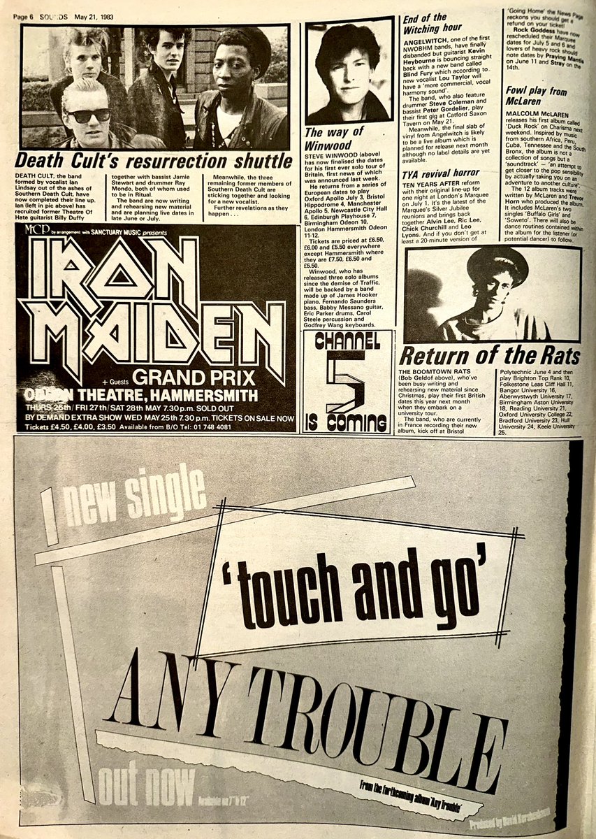 #MalcolmMcLaren releases his debut album ‘Duck Rock’ produced by Trevor Horn

#TenYearsAfter have reformed for The Marquee 25th Anniversary celebrations.

#Angelwitch have called it a day & #DeathCult, fronted by Ian Astbury, have firmed up their line up

Sounds May 21st 1983