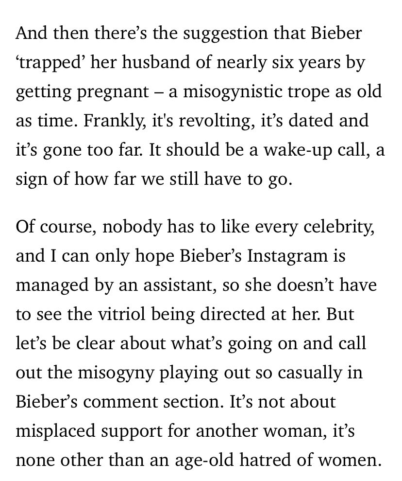 Cosmopolitan calling out everyone wishing ill will on Hailey Bieber and her child. Wishing for someone to have a miscarriage though is not only sexism, it’s pure evil.