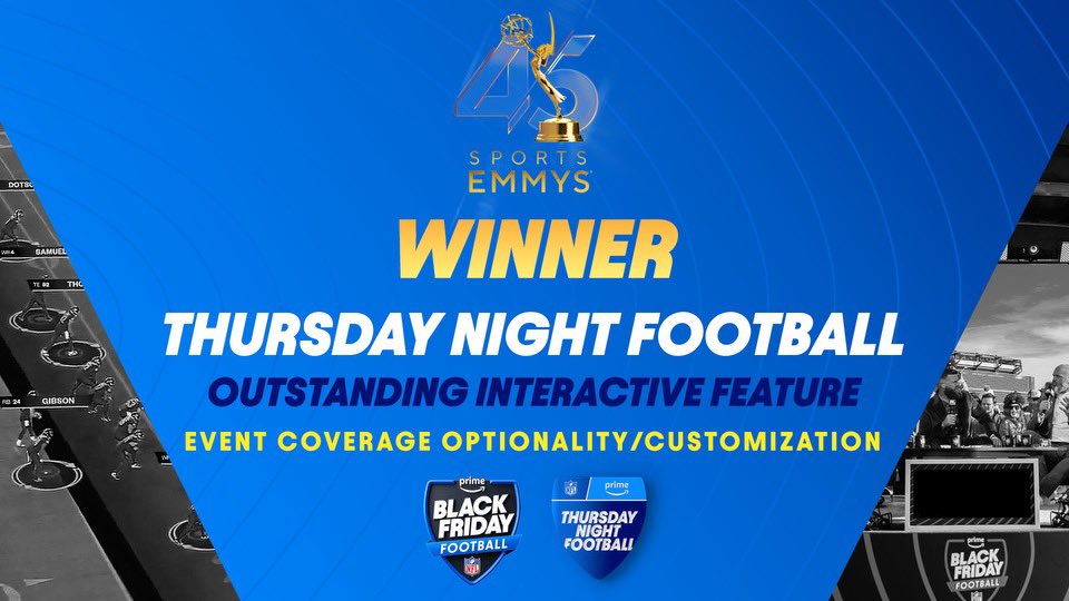 PrimeSportsPR's tweet photo. 🏆 WINNER!!🏆

@PrimeVideo’s @NFLonPrime Event Coverage Optionality/Customization takes home the honors for best Outstanding Interactive Experience at the 45th annual @sportsemmys! https://t.co/RlDwtEZ1yg