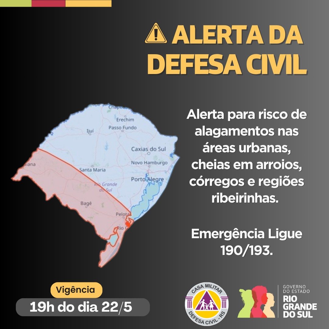 DEFESA CIVIL RS: alerta para risco de alagamentos nas áreas urbanas, cheias em arroios, córregos e regiões ribeirinhas. Válido por 24h.