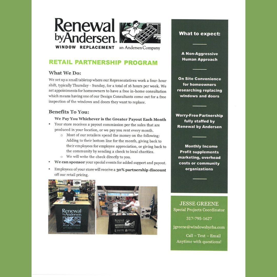 Zionsville Chamber of Commerce member Renewal by Andersen would like to partner with your retail business! Contact Special Projects Coordinator Jesse Green. His contact info is below.