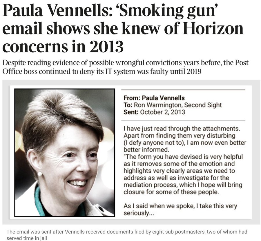 Paula Vennells hounding of people she knew to be innocent cost tens of millions of pounds in taxpayer money and led to at least 4 and up to 250 deaths.

RT if she should be in court for Corporate Manslaughter