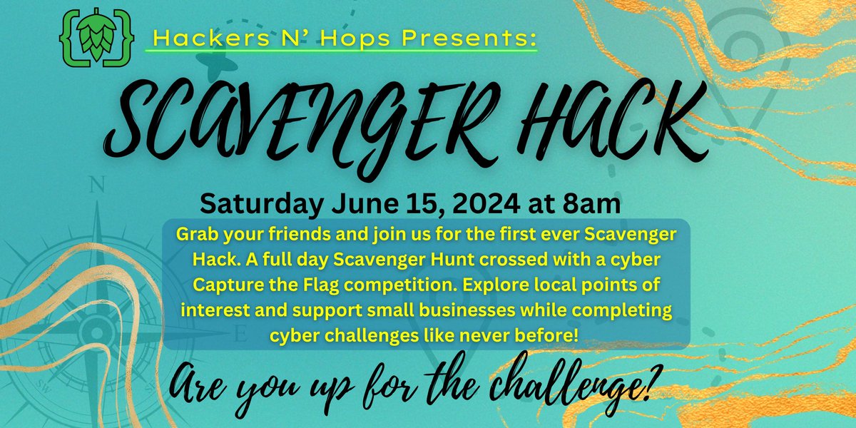 HackersNHops's tweet photo. Attention #hackers 

Registration is open for the first ever Scavenger Hack event in Colorado Springs, CO and Alexandria, VA June 15th!

Colorado Springs - https://t.co/RB6n7JjCs3

Alexandria - https://t.co/vpJ6q3OJEa https://t.co/LunoeWqHZj