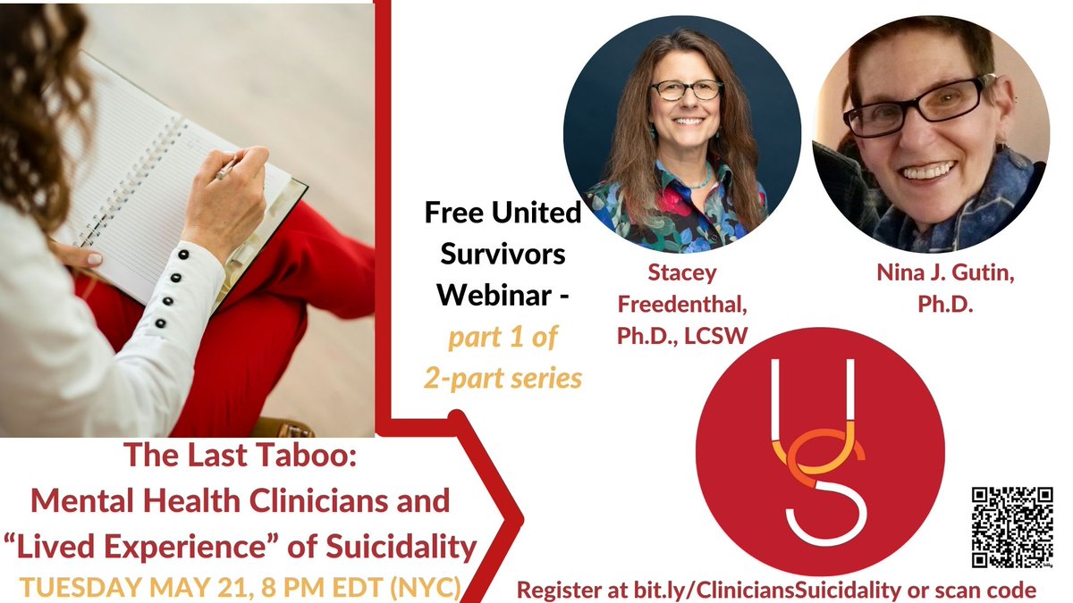 One hour from now...our webinar on The Last Taboo: Mental Health Clinicians & “Lived Experience” of Suicidality w/ Dr. Gutin & @Sfreedenthal. Register at  bit.ly/CliniciansSuic… or join us on Facebook facebook.com/UniteSurvivors/ #SuicidePrevention #LivedExperience  #MentalHealth