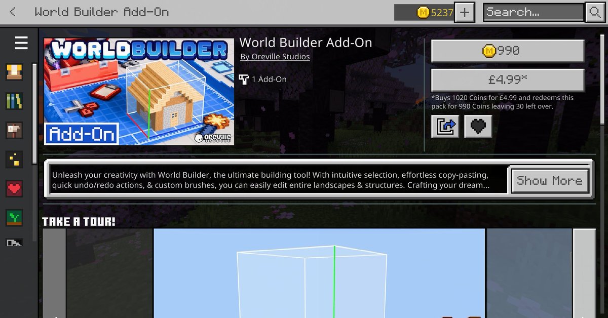 eckoxsoldier's tweet image. Another FREE addon was released on the Minecraft Marketplace called "Secret Base Toolkit" 🤔

We also have anew paid one, it's called World Builder created by Oreville Studios (990) Minecoins