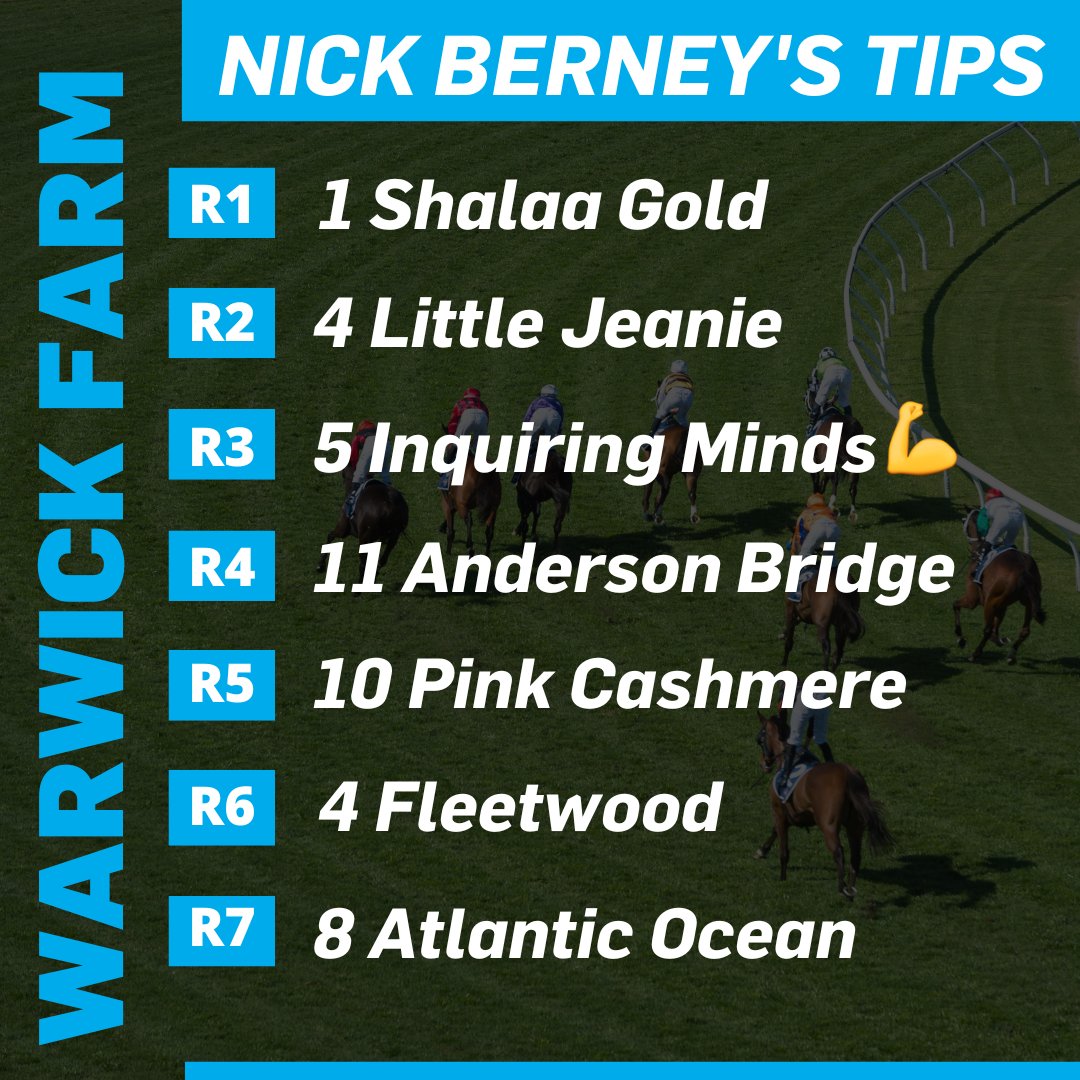 Tips from @nick_berney for Warwick Farm👇

☀️Fine🏟️Soft 7⏰Race 1 at 12.50pm

Updated preview: tinyurl.com/2e26fc8w