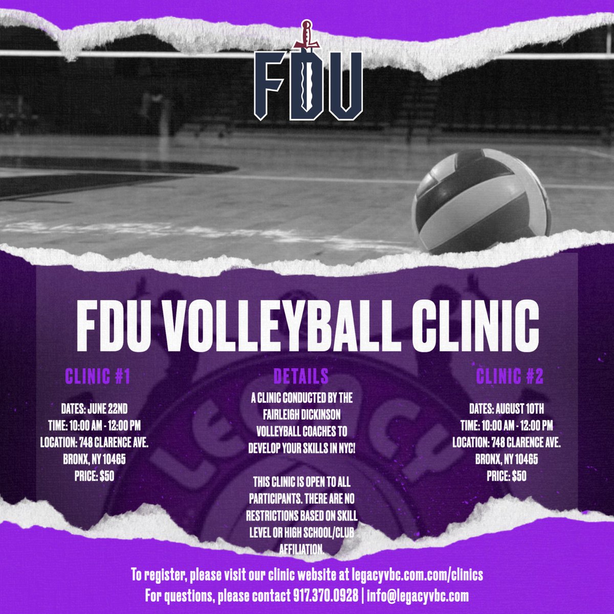 LegacyVC's tweet image. 🏐 Join us for the FDU Volleyball Clinic! Improve your skills with top coaches from Fairleigh Dickinson University. Open to all skill levels!

Register: legacyvbc.com/clinics
Contact: 917.370.0928 | info@legacyvbc.com
#Volleyball #YouthSports #FDUVolleyball #LegacyVBC