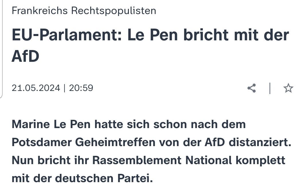 #LePen bricht mit der #AfD. Ihre rechtsextreme Partei #RN wird im Europaparlament nicht mehr mit den Faschisten aus Deutschland nicht mehr zusammenarbeiten. Damit macht sie den Weg frei für eine Zusammenarbeit mit der #EVP (@CDU/@CSU).