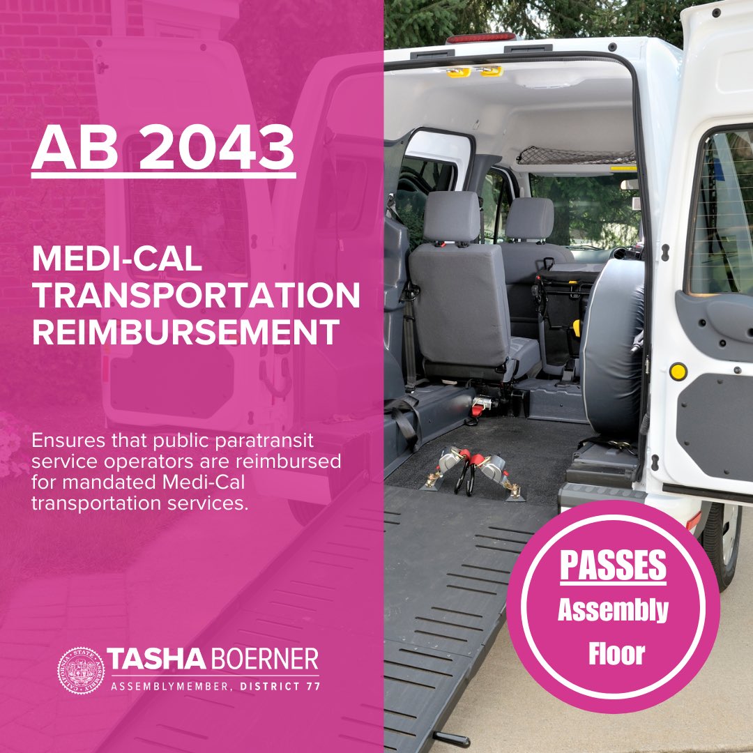 #AB2043 passed the Assembly Floor 54-0! ✔️ This legislation would require Medi-Cal Managed Care Plans to reimburse public transit operators for non-medical and non-emergency medical transportation services.