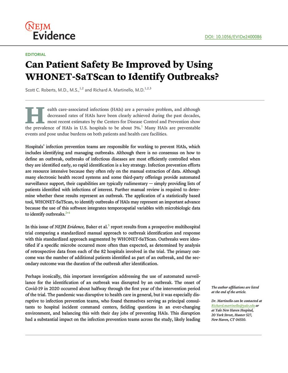 '... automated systems such as WHONET-SaTScan warrant further investigation to support infection prevention efforts and improve patients’ safety.' Learn more in the editorial by @ScottRobertsMD and Richard A. Martinello, MD: eviden.cc/3xPvJh1