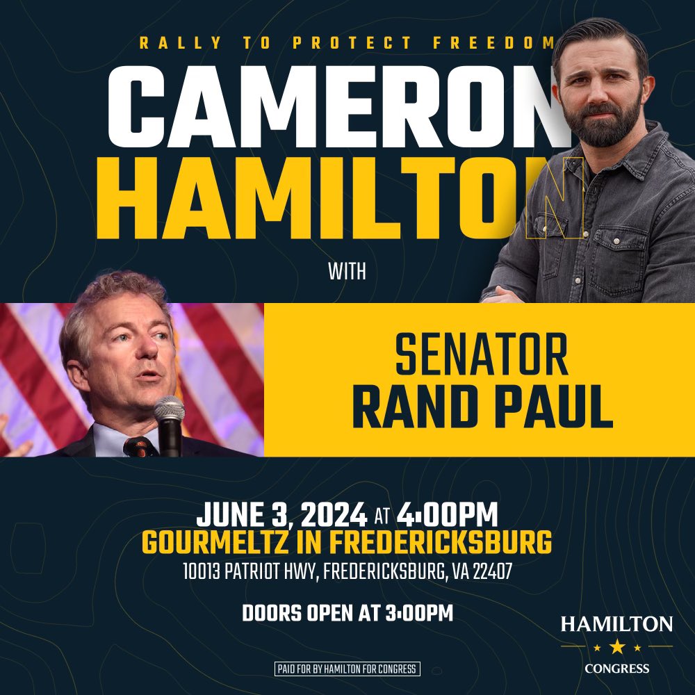 Come meet the one US Senator that doesn’t hate America, and actually works for The People. Meet @RandPaul June 3rd at Gourmeltz at 4pm. Doors open at 3pm. Let’s get @CameronVA across that finish line on June 18th.🇺🇸