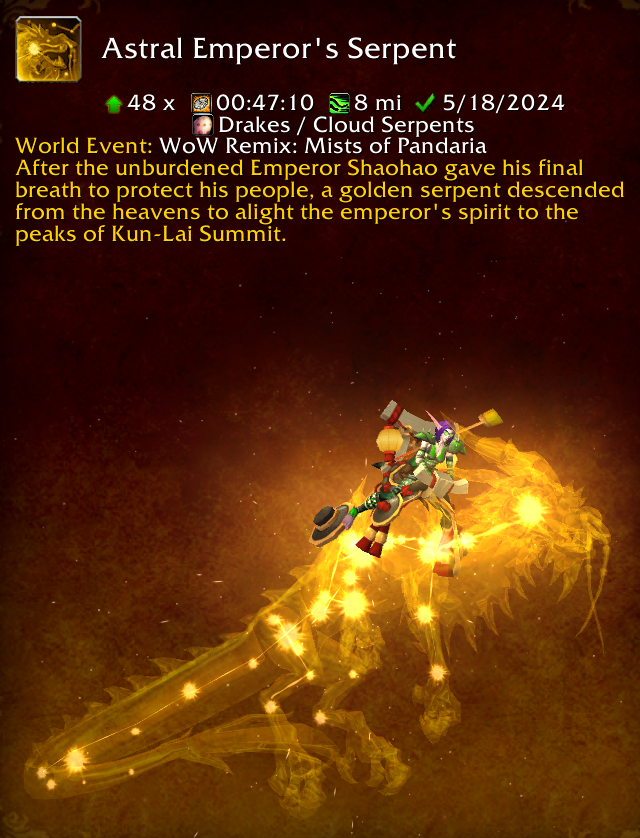 Luxminxthebard's tweet photo. #worldofwarcraft #mount #MistofPandariaRemix #Timerunning 🫶
Mount: Reins of the Astral Emperor's Serpent 🐲💕
"After the unburdened Emperor Shaohao gave his final breath to protect his people, a golden serpent descended from the heavens to alight the emperor's spirit to the peaks of Kun-Lai Summit."
🐉💕 World Event: WoW Remix: Mists of Pandaria