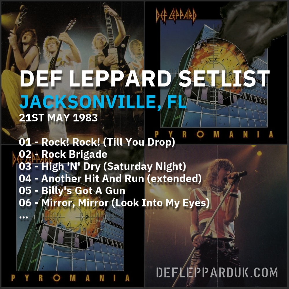 dltourhistory's tweet photo. #DefLeppard #Setlist for a show in
#Jacksonville FL USA ๐บ๐ธ 41 Years Ago on this day in 1983
01 - Rock! Rock! (Till You Drop)
02 - Rock Brigade
03 - High 'N' Dry...
#Pyromania #steveclark #pyromaniatour #joeelliott #ricksavage #rickallen #philcollen
https://t.co/NADSjpOzWI https://t.co/raeIshgCpy