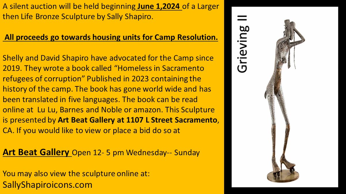 Silent Auction Sculpture Benefiting Camp Resolution Grieving II By Sally Shapiro Bidding opens June 1,2024 All proceeds go toward housing units for Camp Resolution Please share