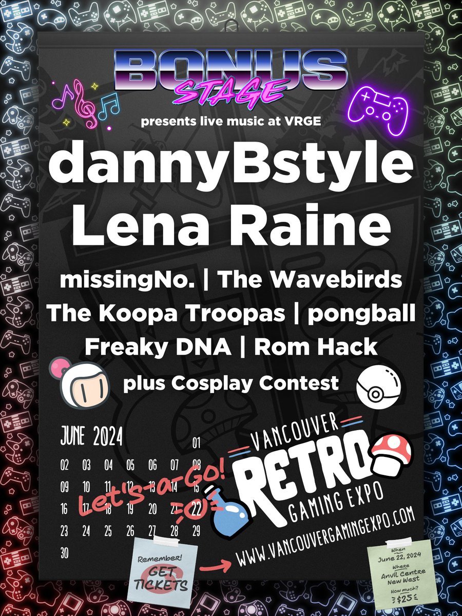 BonusStageVan's tweet photo. Behold the epic musical lineup we're presenting at the Vancouver Retro Gaming Expo! This schedule is packed so make sure you swing by the main theatre regularly to catch your favourite artist. Tickets to the expo and schedule details are available now at https://t.co/BmKlzAlmdu https://t.co/unRg2dcYgn