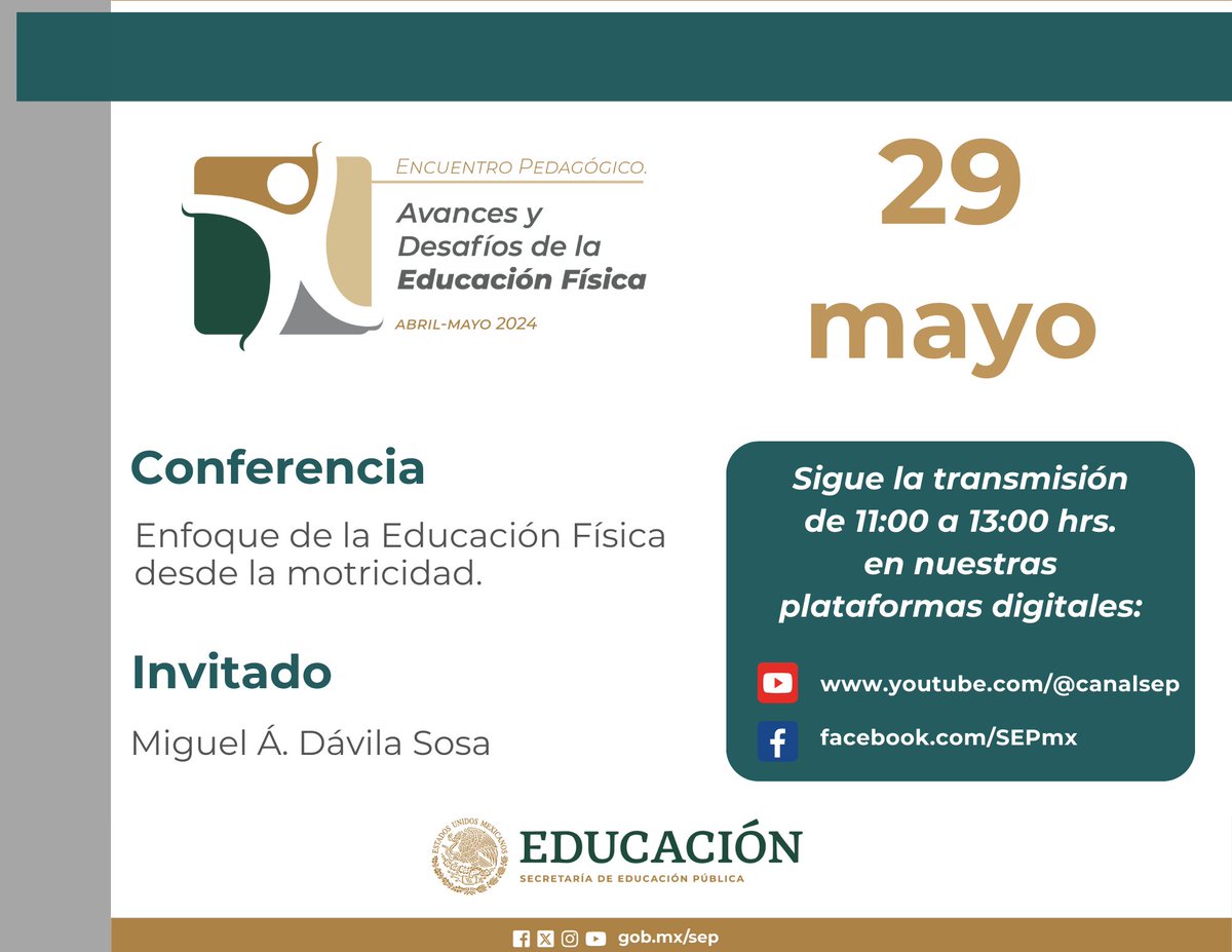 Te invitamos a ver la transmisión de nuestra conferencia “Enfoque de la Educación Física desde la motricidad". 🏃🏻‍♀️🏃🏻

🎙️ Ponente: Miguel Á. Dávila Sola
🗓️ Miércoles 29 de mayo, a las 11:00 h.

¡No te la pierdas!
👉🏼Síguela por nuestro Facebook y YouTube.